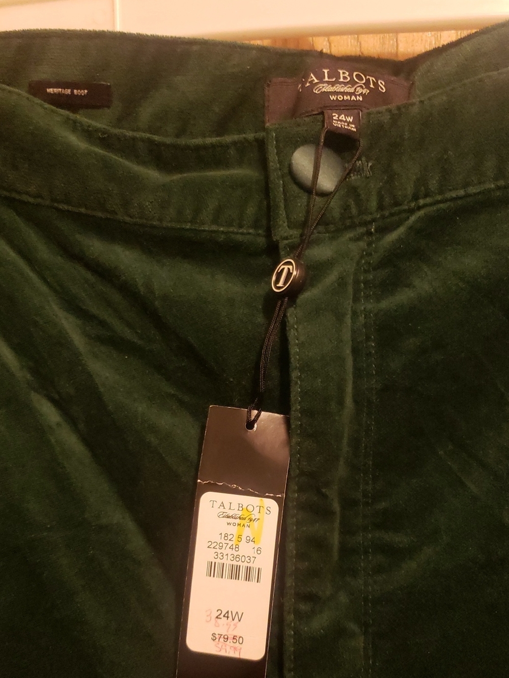 Talbots Dark Green Velour Heritage Boot Pants - Picture 2 of 2